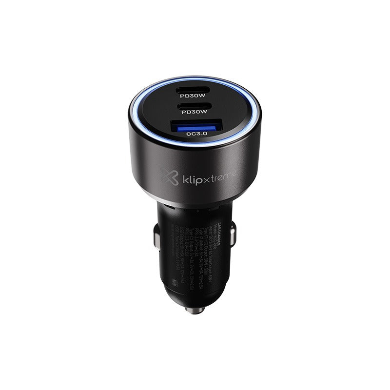Klipxtreme Car Charger 3 Port 60W 2x USB-C PD (30W Each) 1x USB-A 3.0 18W LED Ring Light Indicator - Black