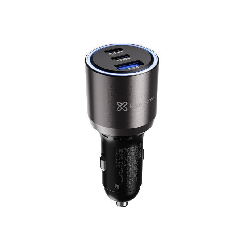Klipxtreme Car Charger 3 Port 140W 2x USB-C PD (140W & 30W) 1x USB-A 3.0 (18W) LED Ring Light Indicator - Black