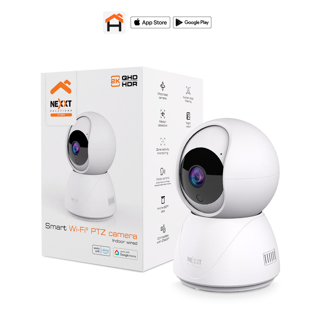 Nexxt Smart Home Indoor Wifi Camera V2 2K PTZ (Pan Tilt Zoom) Motorized - 2 Way Communication Micro SD Slot Night Vision Motion Sensor - White