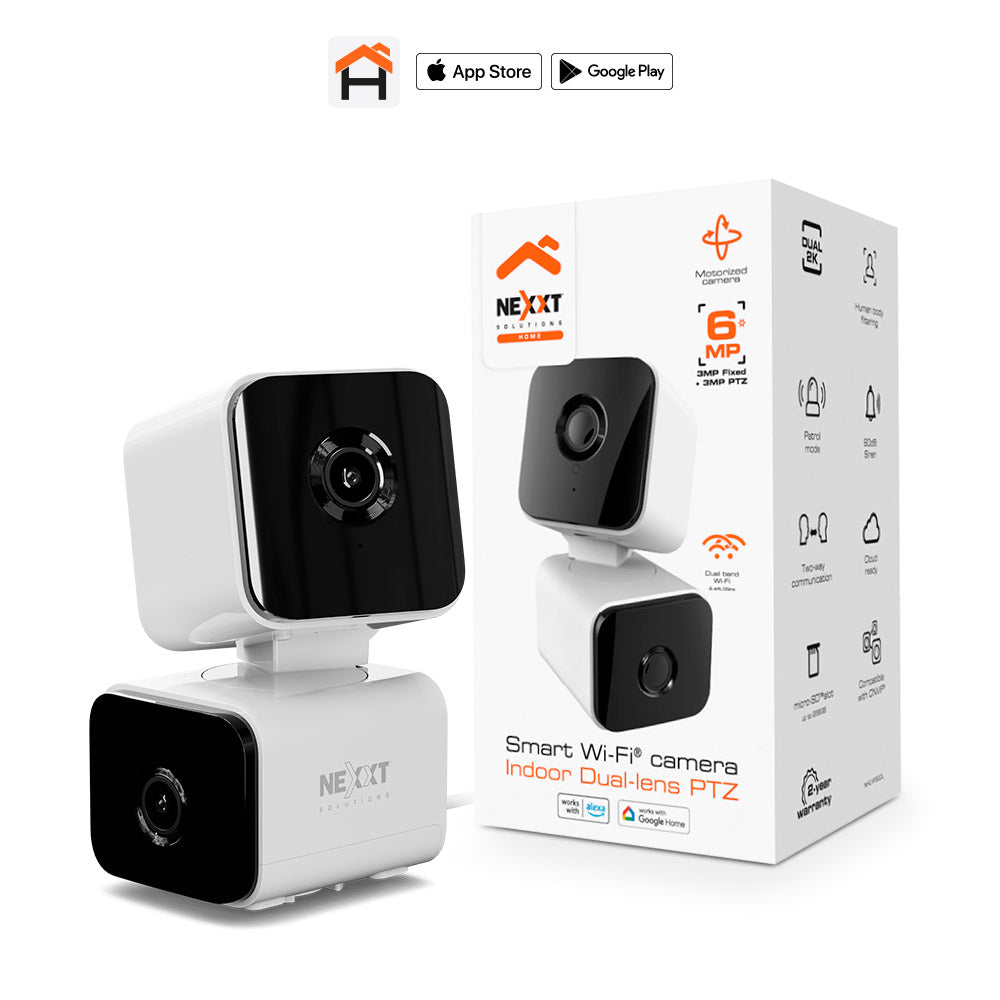 Nexxt Smart Home Indoor Wifi Camera Dual Lens PTZ 2K 3MP Each - Motorized Upper Camera 6X Digital Zoom Siren Alarm - White