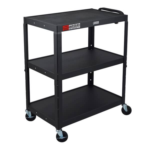 Luxor AV Cart XL Steel Adjustable Height with Locking Cabinet 3 Outlet Power Bar with 15ft Cord - Black