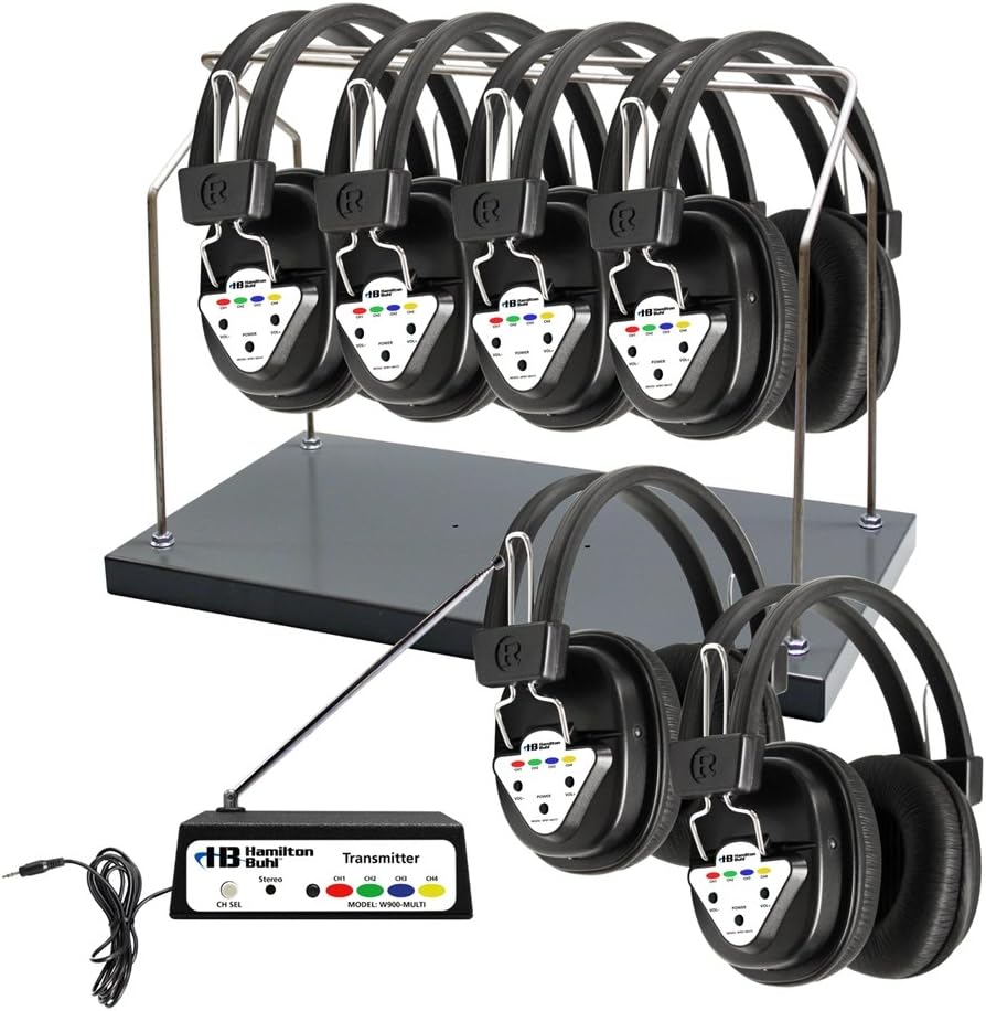 HamiltonBuhl AudioFlow Wireless 6-Person Listening Center with Multi-Frequency Transmitter, Wireless Headphones and Rack