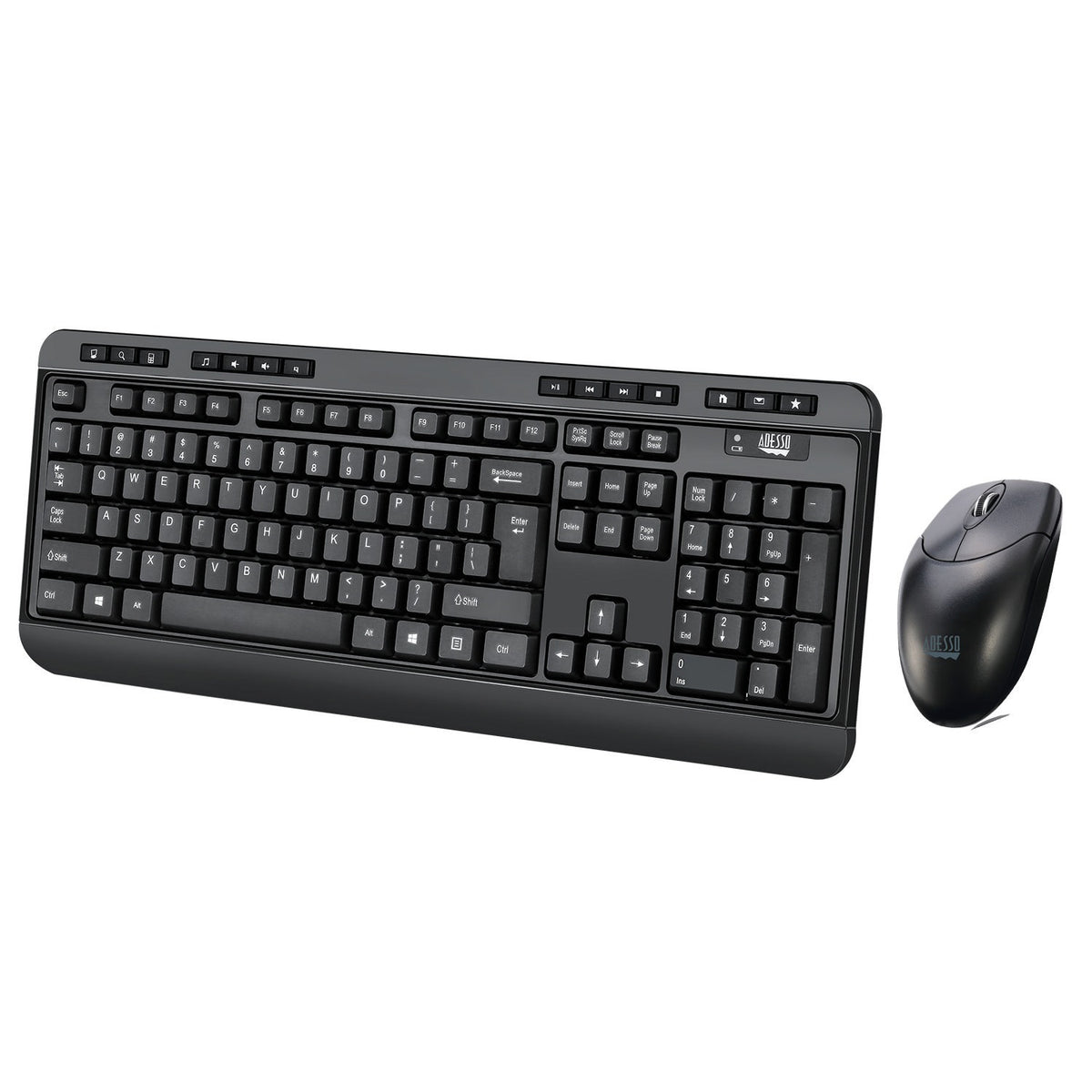 Adesso Keyboard & Mouse Combo Wireless Antimicrobial Multimedia 1200DPI PC/Mac - Black - TAA Compliant