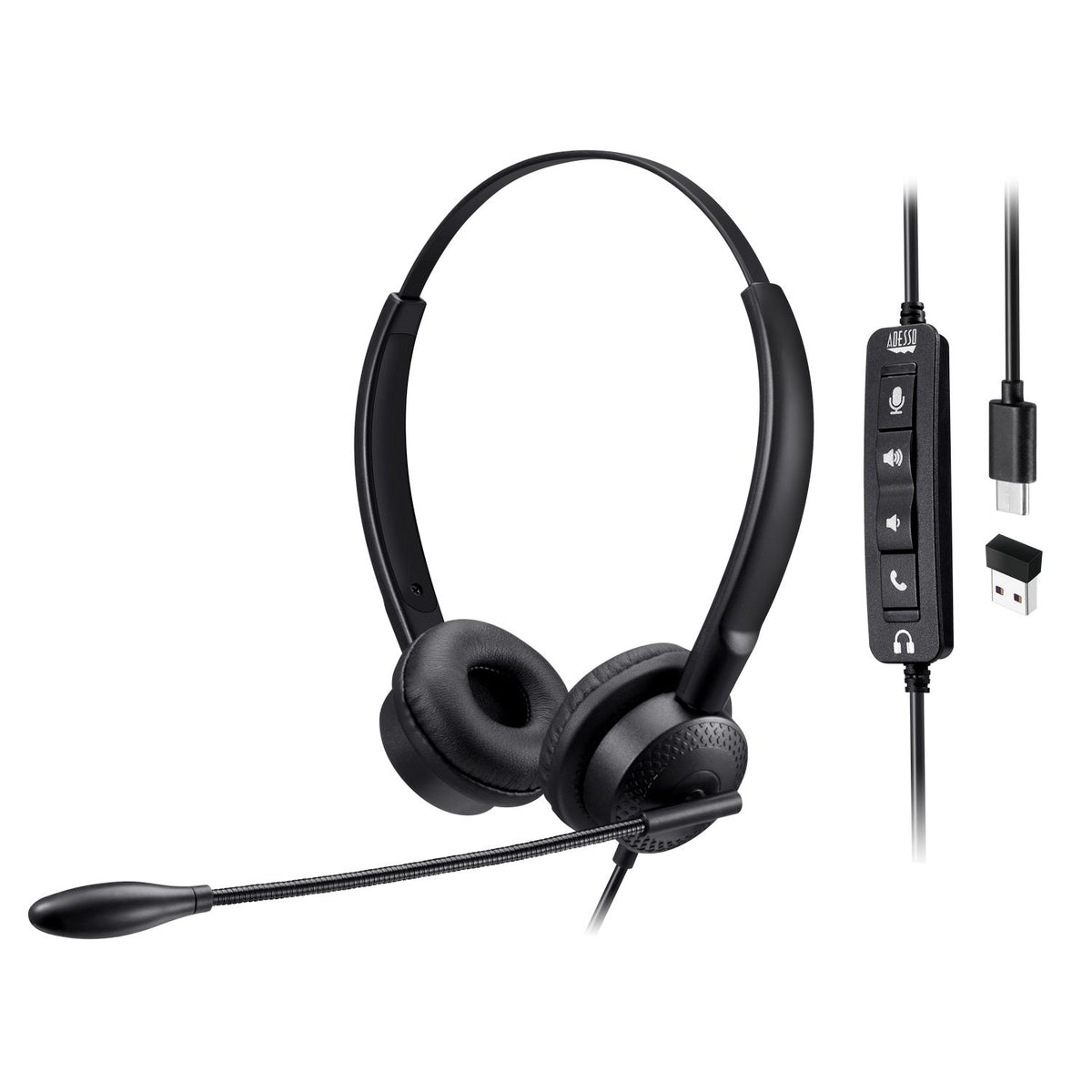 Adesso Headset Wired Stereo with Boom Mic Noise Cancelling Push-to-Talk USB-C with USB-A Adapter Inline Call Controls 6ft Cord - TAA Compliant - Black