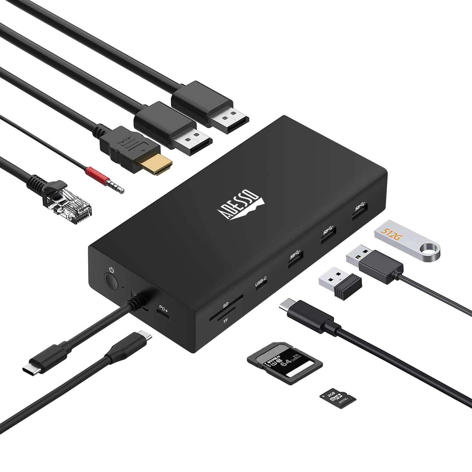 Adesso 12 IN-1 USB-C Multiport Docking Station Supports Dual Displayport, HDMI, USB3.0, PD,RJ45, TF, SD Cards, includes 100W Power Adaptor (TAA Compliant)
