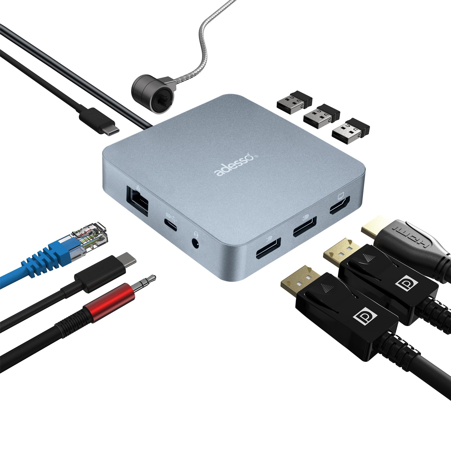 Adesso 11-IN-1 USB-C Multiport Docking Station Supports Dual Display, HDMI Port, USB 3.2,PD, RJ45, 3.5mm Jack, Peripheral Lock Port (TAA Compliant)