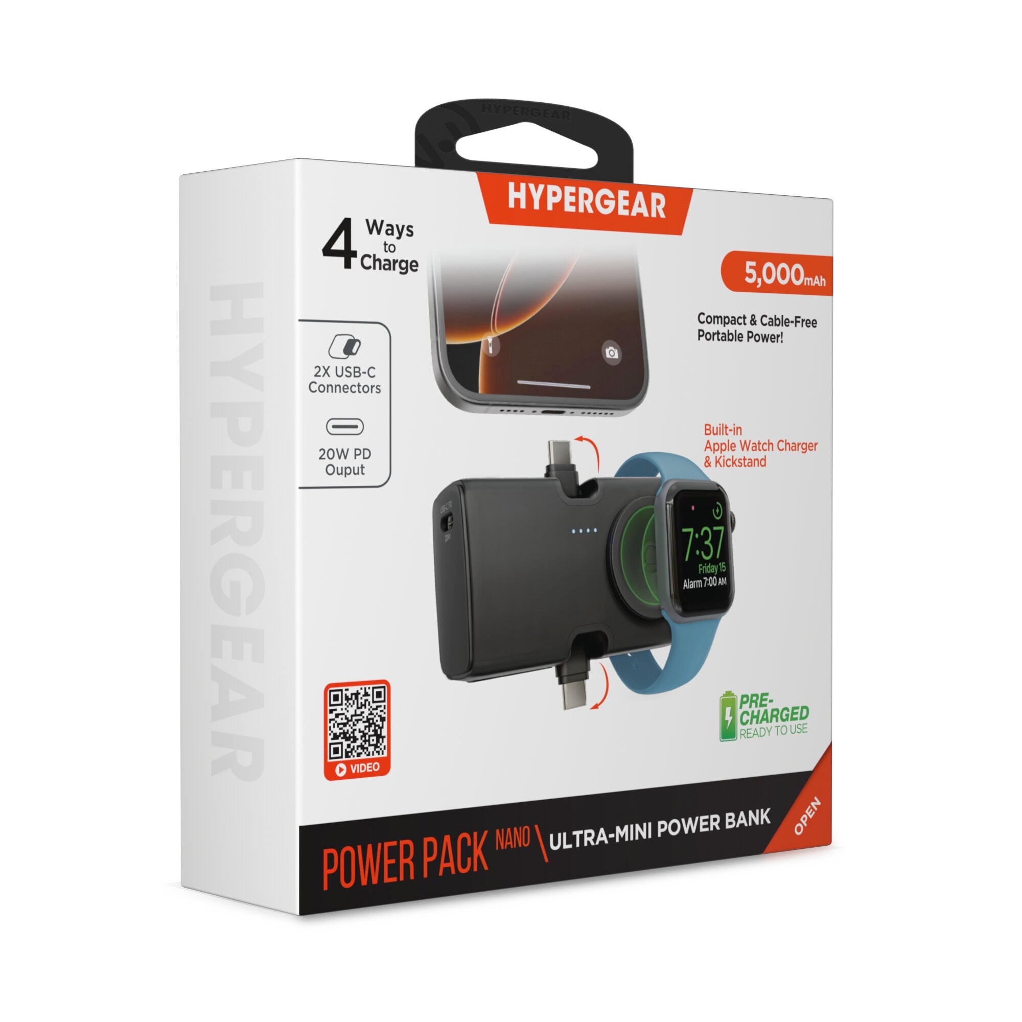 HyperGear Powerbank Nano Ultra-Mini 5000mAh 20W USB-C PD Dual USB-C connectors, Magnetic Charging for Apple Watch and Kickstand - Black