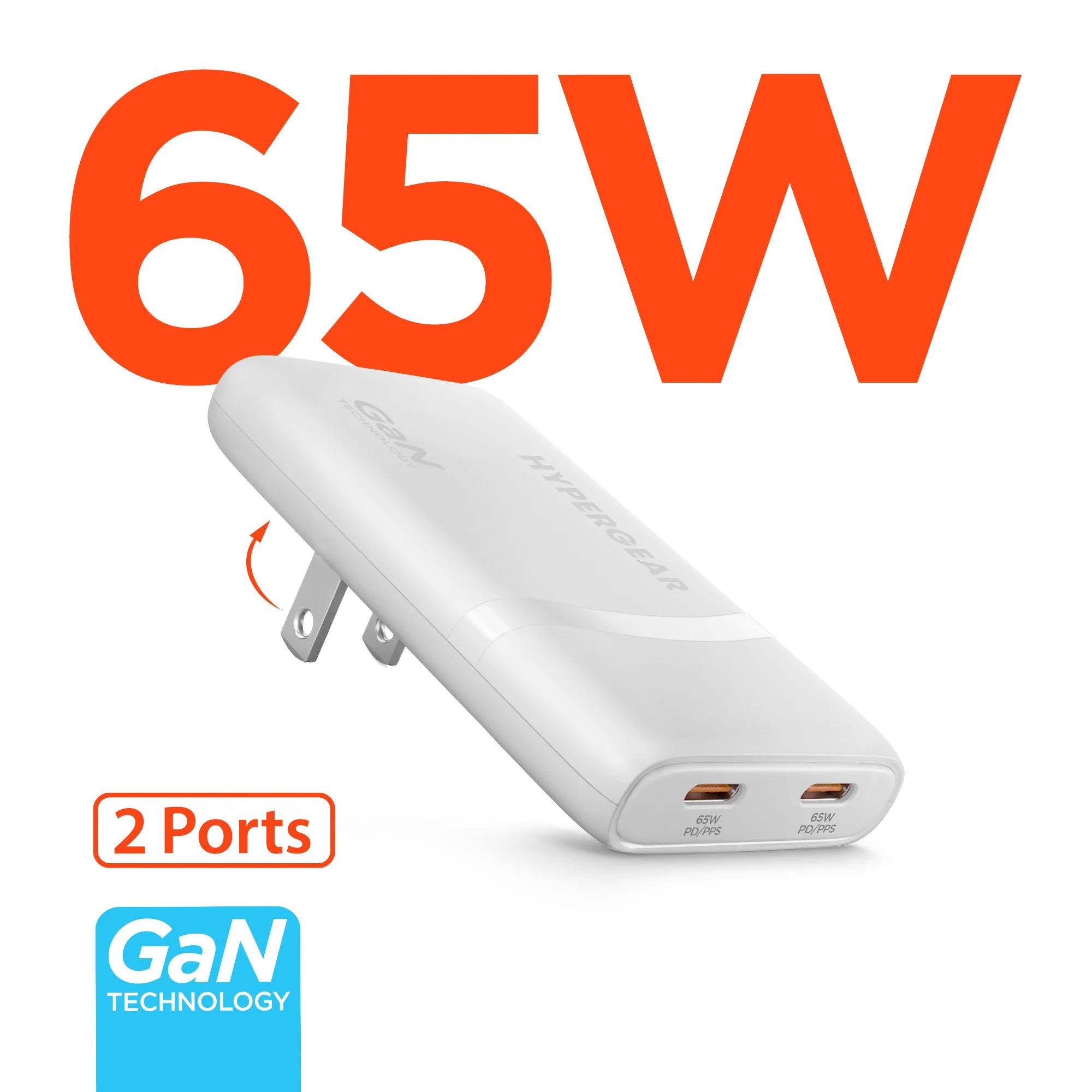 HyperGear Wall Charger Slim GaN 2 Port 65W USB-C SpeedBoost - White