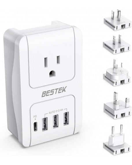BESTEK World Travel Adaptor 300W with 1 x AC Outlet 3 x USB Ports & USB-C Port - White