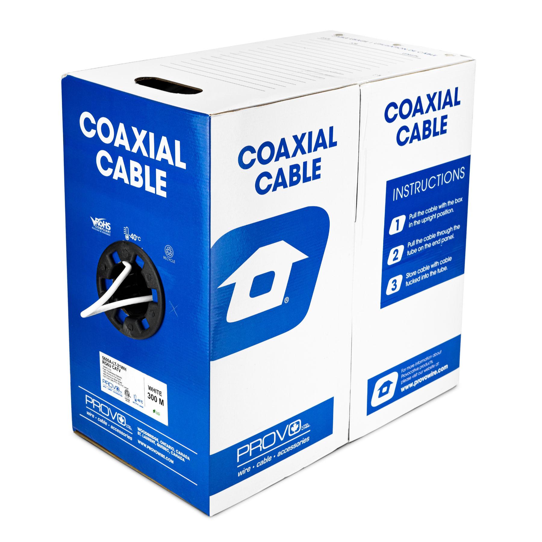 Provo RG6U CATV 18 AWG SOL BC 100% FL SH + 60% AL BRD SH 3000 Mhz Low Temp ETL FT4 UL RoHS – White JKT