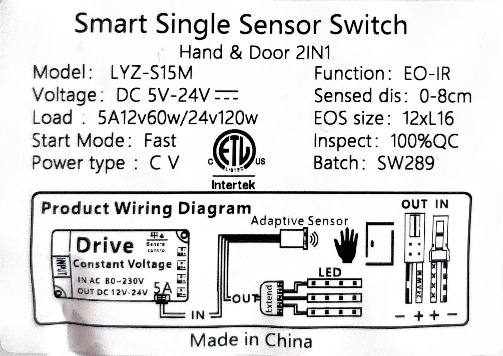SMART SINGLE SENSOR SWITCH HAND&DOOR 2IN1 LYZ-S15M