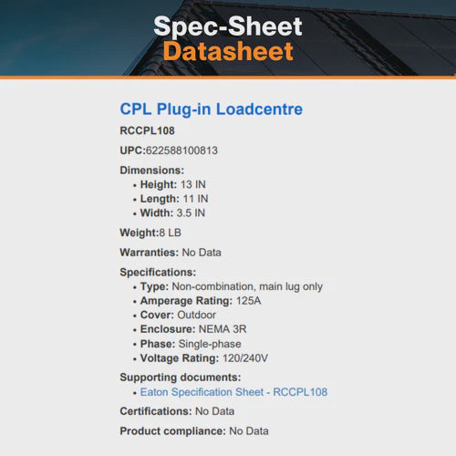ET-  125A 8/16 CIRCUITS OUTDOOR PLUG-ON LOADCENTER RCCPL108