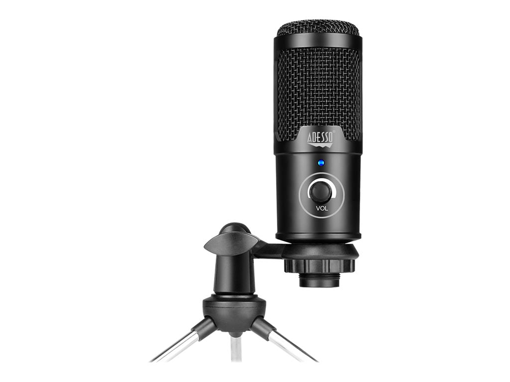 Adesso Microphone Cardioid Condenser USB with Adjustable Tripod Volume Control Ideal for Streaming, Gaming & Meetings - Black