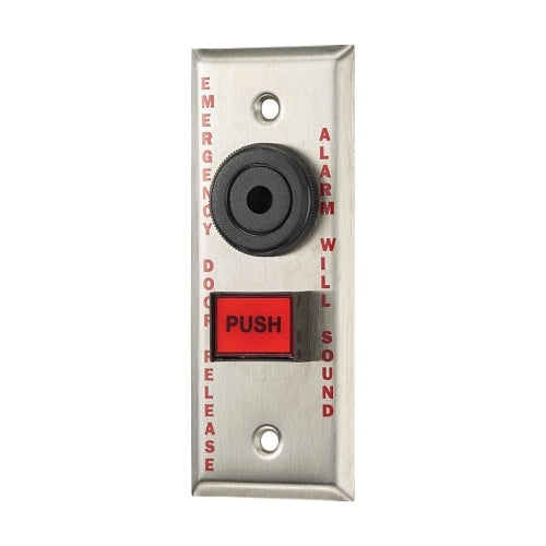 Alarm Controls TS-26 Emergency Push Button, Latching Operation, EMERGENCY DOOR RELEASE ALARM WILL SOUND Label, Narrow Style, Red Button, Stainless Steel