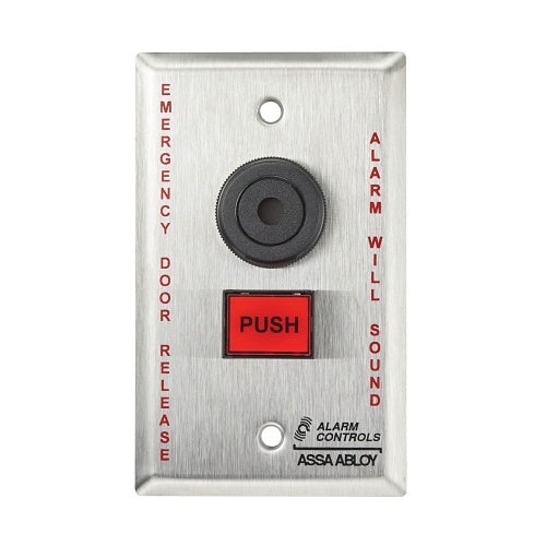 Alarm Controls TS-26 Emergency Push Button, Latching Operation, EMERGENCY DOOR RELEASE ALARM WILL SOUND Label, Narrow Style, Red Button, Stainless Steel