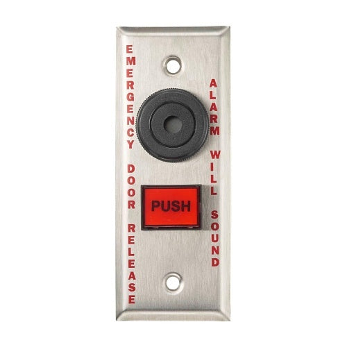 Alarm Controls TS-26 Emergency Push Button, Latching Operation, EMERGENCY DOOR RELEASE ALARM WILL SOUND Label, Narrow Style, Red Button, Stainless Steel