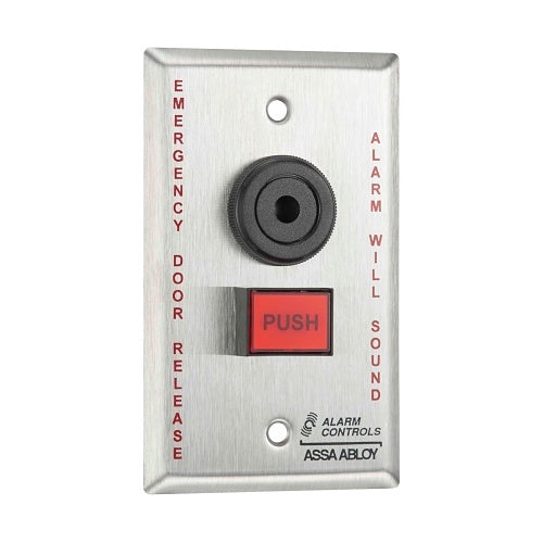 Alarm Controls TS-26 Emergency Push Button, Latching Operation, EMERGENCY DOOR RELEASE ALARM WILL SOUND Label, Narrow Style, Red Button, Stainless Steel