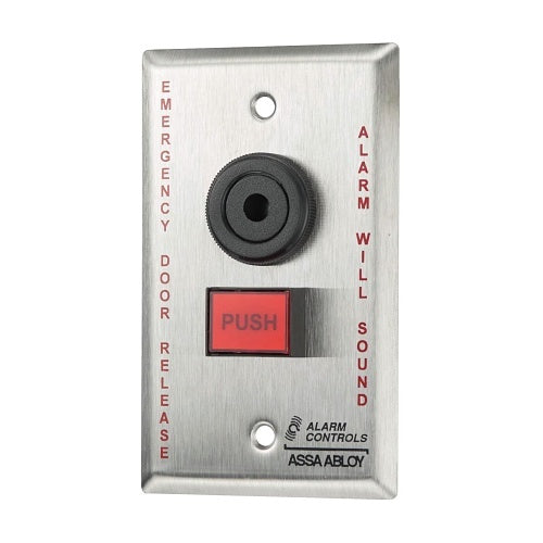 Alarm Controls TS-26 Emergency Push Button, Latching Operation, EMERGENCY DOOR RELEASE ALARM WILL SOUND Label, Narrow Style, Red Button, Stainless Steel