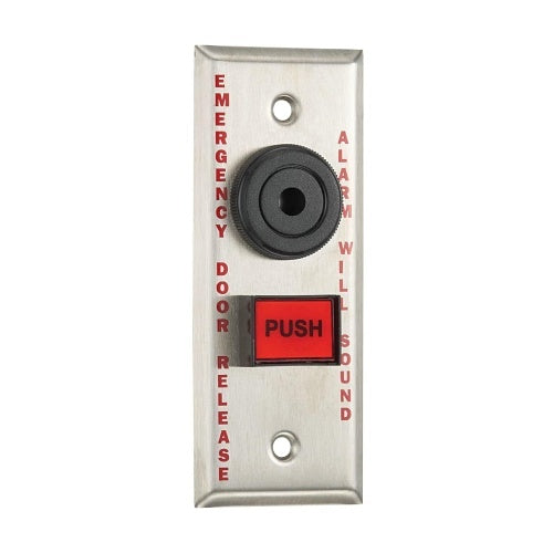 Alarm Controls TS-26 Emergency Push Button, Latching Operation, EMERGENCY DOOR RELEASE ALARM WILL SOUND Label, Narrow Style, Red Button, Stainless Steel