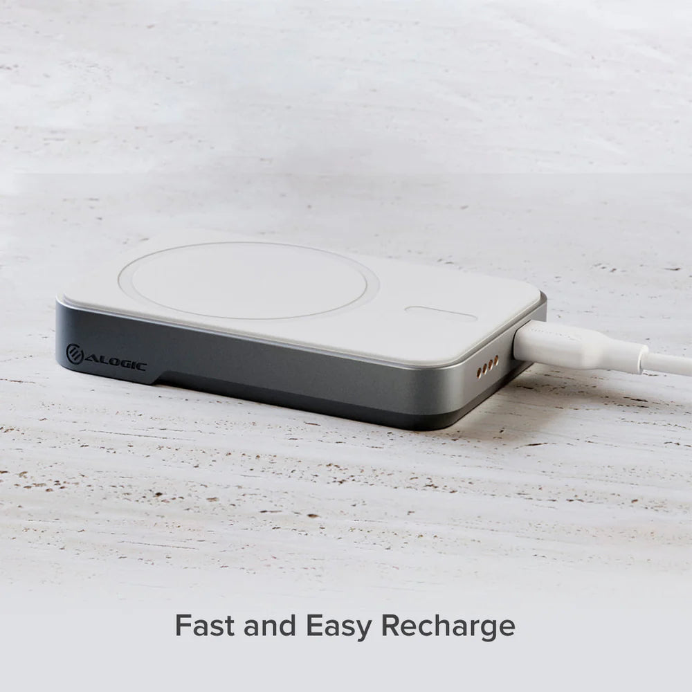 Alogic Powerbank 5000mAh 15W Fast Charge Qi and MagSafe Magnetic Ring Included - White