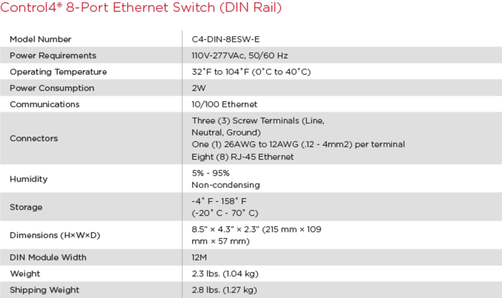 Control4® DIN-Rail 8-Port Ethernet Switch - EOS 12.12.22