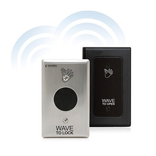 Camden CM-336/41SWL1 SureWave Battery Powered, 915Mhz. Wireless Touchless Switch, Double Gang, Stainless-Steel Faceplate, Hand Icon and Wave to Open Graphics, with Lithium Batteries