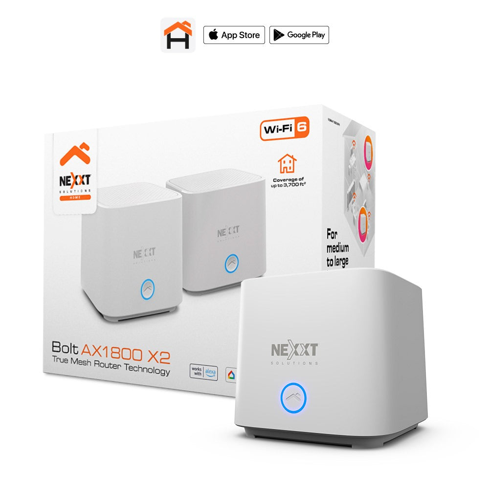 Nexxt Networking Mesh Router Wifi 6 Bolt AX1800 (2 PACK) IEEE 802.11ax Coverage up to 2000 sq ft Compatible with OFDMa & MU-MIMO up to 150 Devices Google Alexa Siri - White