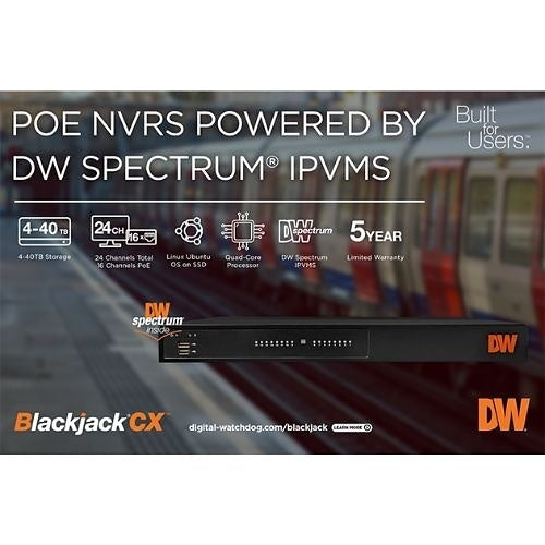Digital Watchdog DW-BJCX24T-LX Blackjack CX 4K 16-Channel PoE NVR with Virtual Channels, 80Mbps, Linux OS, 24TB HDD