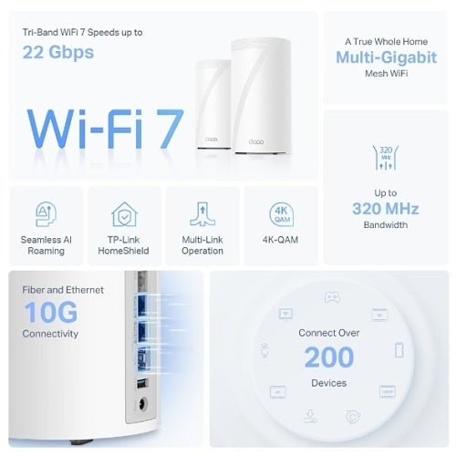 TP-Link DECO BE85 BE22000 Tri-Band Whole Home Mesh Wi-Fi 7 System, 1-Pack