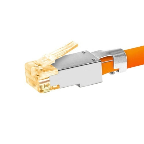 Simply45 S45-1155 Standard Series Shielded External Ground Standard RJ45 Modular Plug for 10G STP LAN Cables CAT7a/7/6a, Standard WE SS RJ45 with Bar45, 40-Piece Plastic Jar, Orange Tint