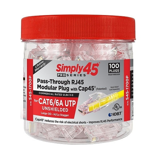 Simply45 S45-1700P Proseries CAT6/6a Unshielded Connector, Pass Through RJ45 with Cap45, 100-Pack