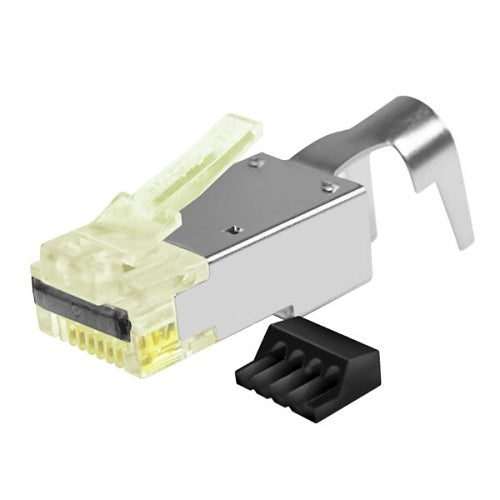 Simply45 S45-1755P Pro Series Shielded Pass-Through RJ45 Modular Plug with Cap45 and Bar45 for 10G Shielded LAN Cables CAT7a/7/6a, 50-Piece Plastic Jar, Yellow Tint
