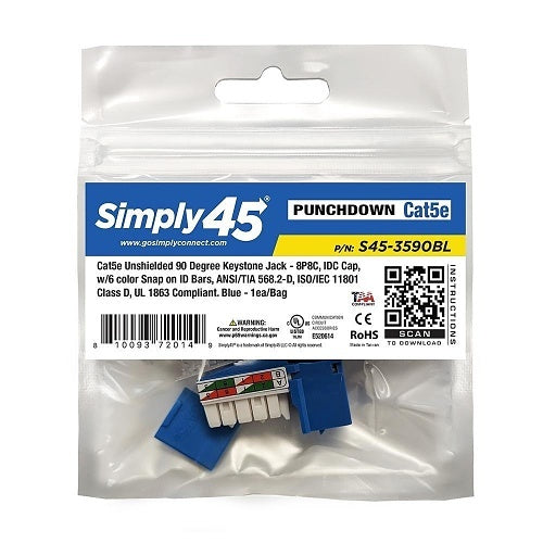 Simply45 S45-3590BL-25 CAT5E UTP 90 Blue Keystone 1-110 Style, Dust Cove