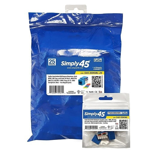 Simply45 S45-3590BL-25 CAT5E UTP 90 Blue Keystone 1-110 Style, Dust Cove