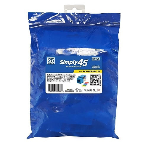 Simply45 S45-3590BL-25 CAT5E UTP 90 Blue Keystone 1-110 Style, Dust Cove