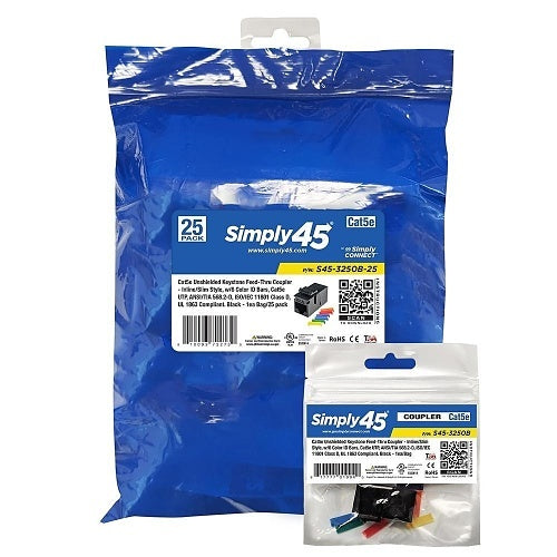 Simply45 S45-3250B-25 Keystone Jack, Unshielded, CAT5e, UTP, Black, 6-Pack