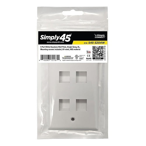 Simply45 S45-3204W-25 Wall Plate, Standard Single-Gang, 4 Ports, White