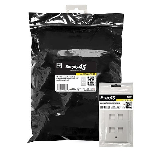 Simply45 S45-3204W-25 Wall Plate, Standard Single-Gang, 4 Ports, White