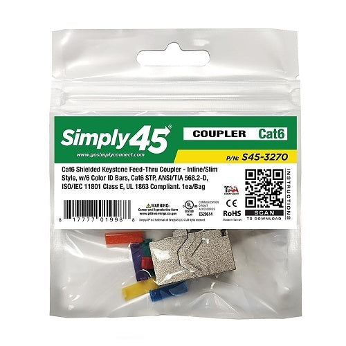Simply45 S45-3270-25 CAT6 STP Keystone Jack Feed-Through Coupler, 6 Color Options