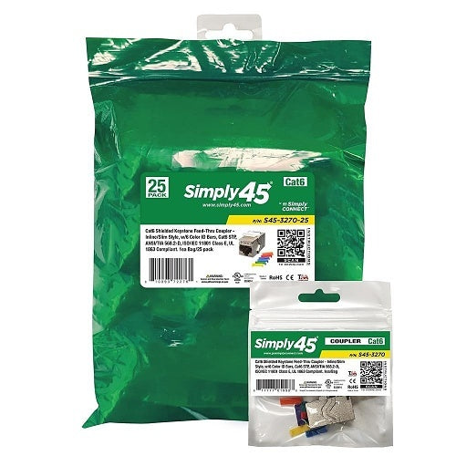 Simply45 S45-3270-25 CAT6 STP Keystone Jack Feed-Through Coupler, 6 Color Options