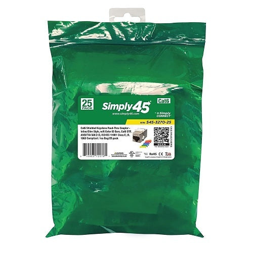 Simply45 S45-3270-25 CAT6 STP Keystone Jack Feed-Through Coupler, 6 Color Options