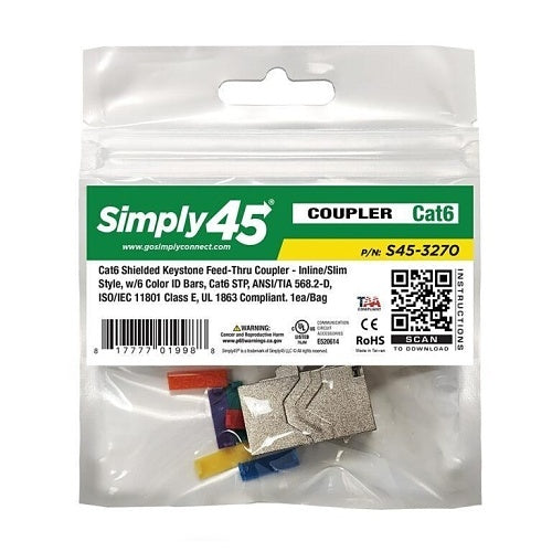 Simply45 S45-3270 CAT6 Shielded Keystone Feed-Thru Coupler, Nickel-Plated, 1 EA/Bag