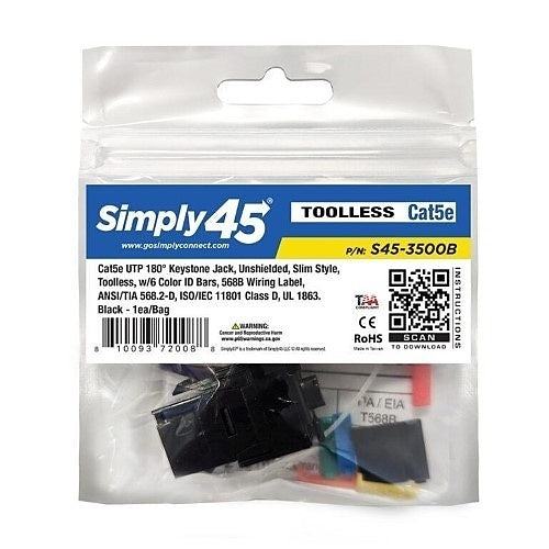 Simply45 S45-3500B CAT5E Black Keystone Toolless Jack
