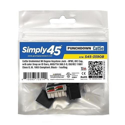 Simply45 S45-3590B Cat5e UTP 90° Black Keystone 110 Style, Dust Cover