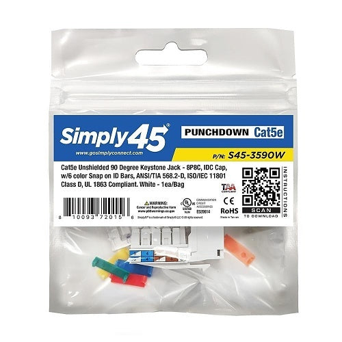 Simply45 S45-3590W-25 Keystone Jack, CAT5E UTP 90-Degree, White