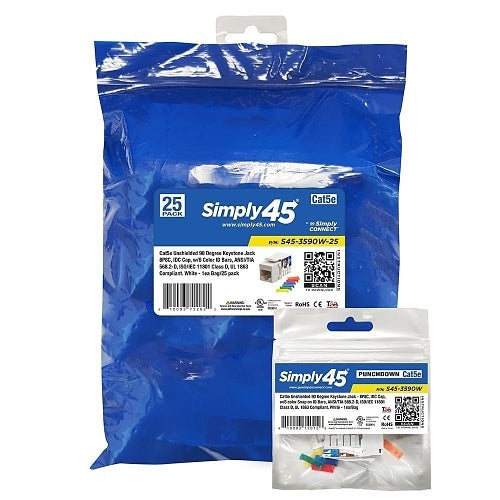 Simply45 S45-3590W-25 Keystone Jack, CAT5E UTP 90-Degree, White