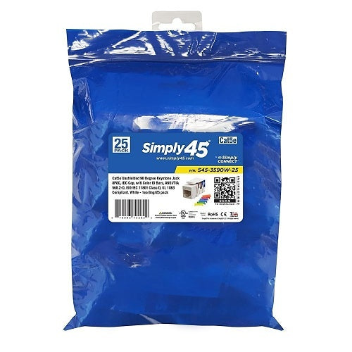 Simply45 S45-3590W-25 Keystone Jack, CAT5E UTP 90-Degree, White