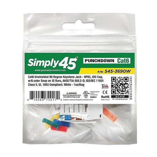 Simply45 S45-3690W-25 CAT6 Unshielded 90 Degree Keystone Jack, 25-Pack, White