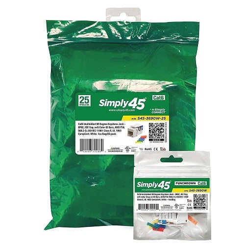 Simply45 S45-3690W-25 CAT6 Unshielded 90 Degree Keystone Jack, 25-Pack, White