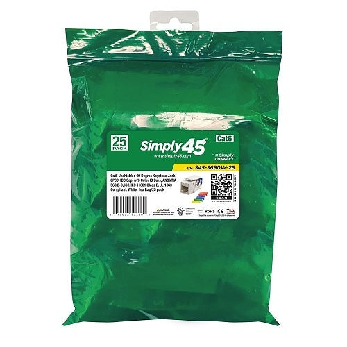 Simply45 S45-3690W-25 CAT6 Unshielded 90 Degree Keystone Jack, 25-Pack, White